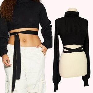 Eladay NWT Black Turtleneck Open-Back Tie Front Crop Balletcore Sweater